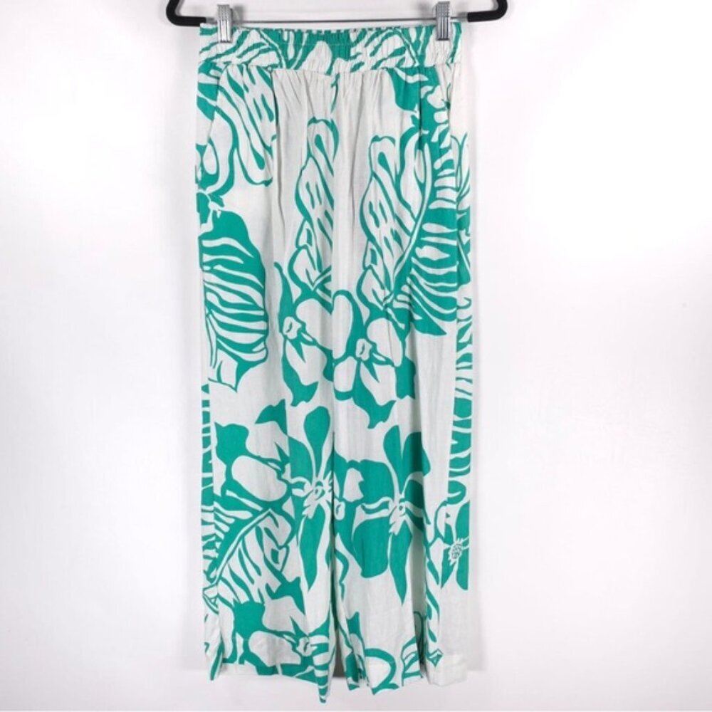 NWT PANAMA JACK LINEN Blend Floral Wide Straight Leg Elastic Waist Pants Size XS